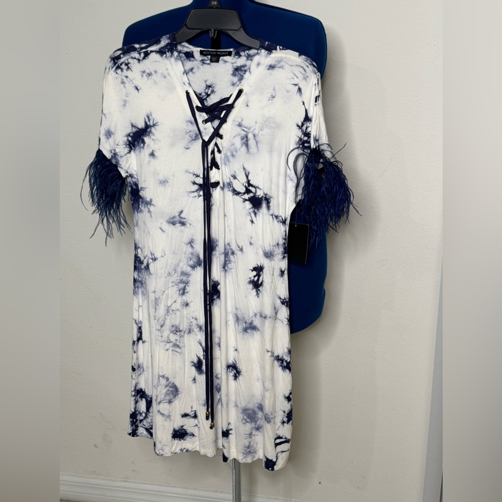 Boston Proper Blue and White Flutter Sleeve V-Neck Dress or cover up NWT small